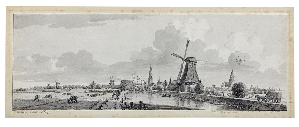 Groningen gezien vanuit het westen; op de voorgrond het Reitdiep